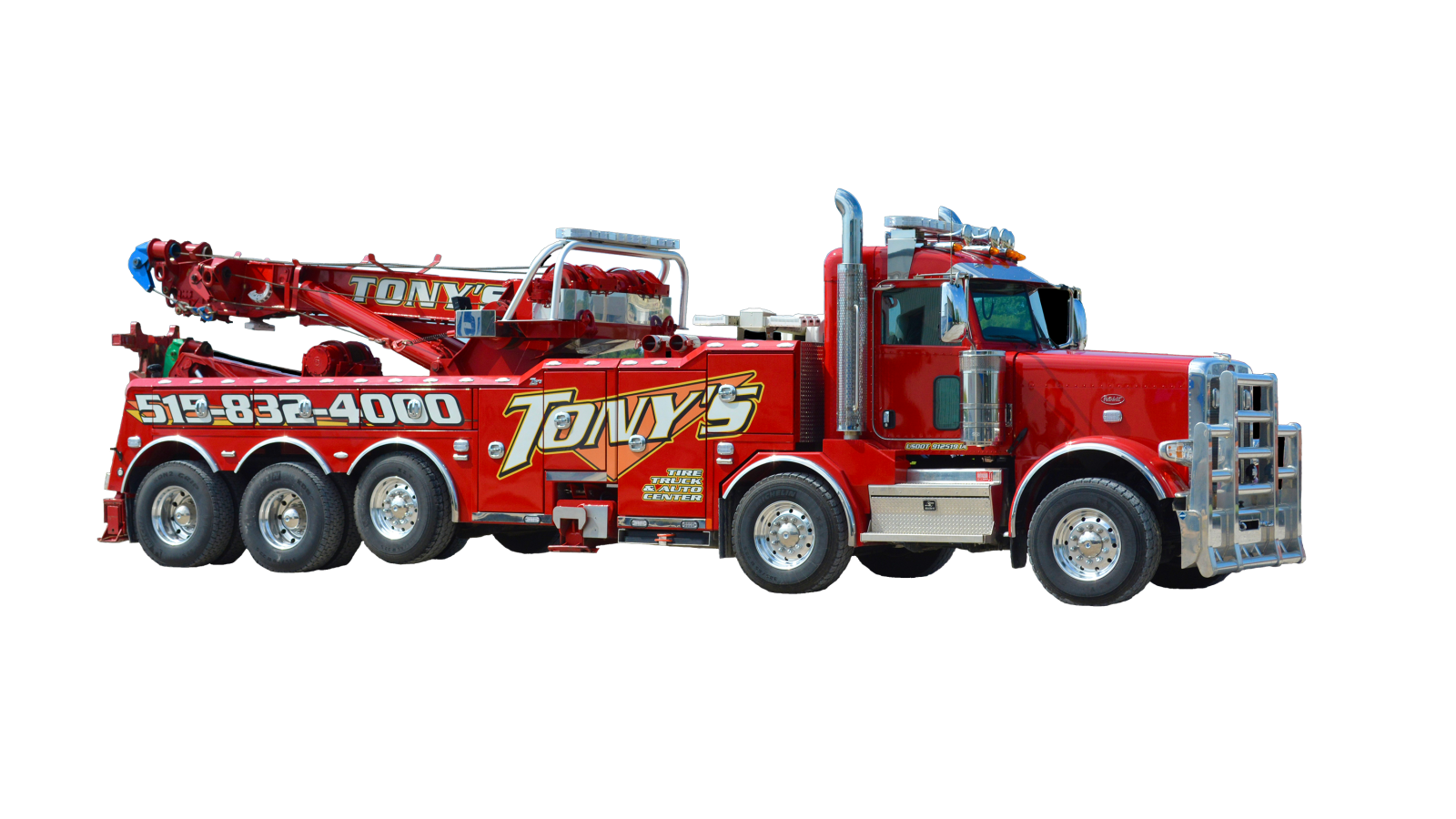 Cutout of Tony's wrecker truck in motion, representing dynamic towing services in Northern Iowa.